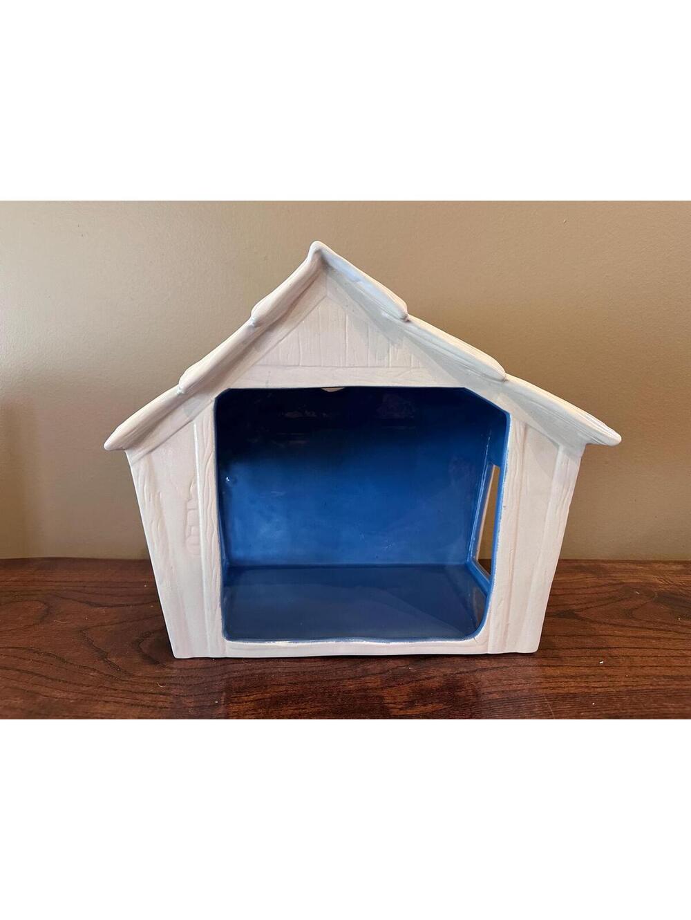 Vintage Ceramic White Nativity Creche ( Stable ) With Blue Interior